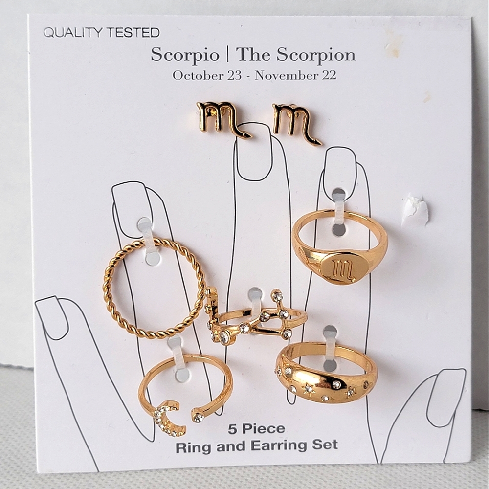 Scorpio Zodiac 5 Piece Ring and Earring Set